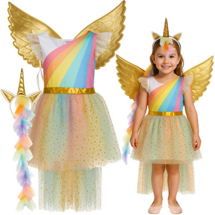 Costum de unicorn pentru copii, set 3 piese, cu rochie aripi aurii si bentita, marime 122-128cm