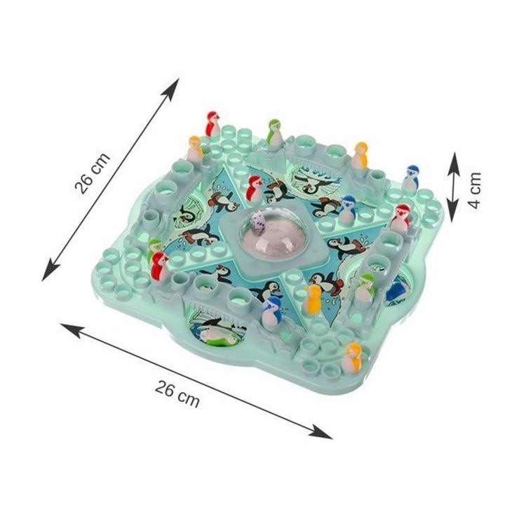 Joc de societate Cursa Pinguinilor, cu pioni si zar integrat, pentru copii si familie
