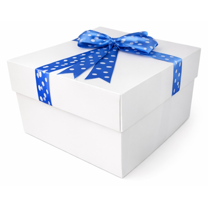 Cutie pentru cadou - Nicas - carton alb cu fundita albastru deschis si buline albe - 34X26X20 cm - Tip Emax