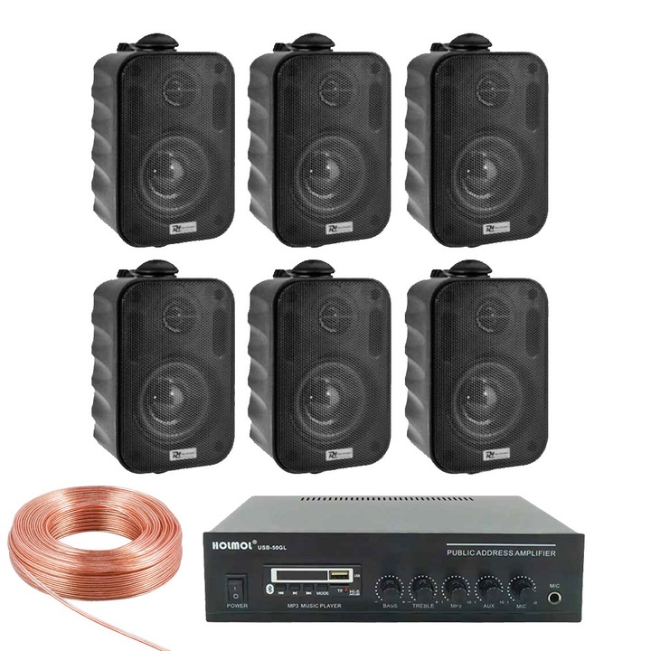 Sistem audio AdAstra 6 boxe interior-exterior cu amplificator 50W, Bluetooth, set complet, cablu inclus