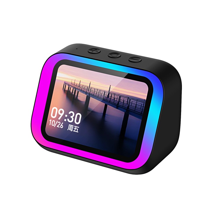 VeniSymlis® Difuzor Bluetooth inteligent TF26 Pro, ecran tactil HD, afisaj foto electronic, ceas alarma, asistent vocal AI, Bluetooth 5.4, boxa 57mm, microfon hands-free, lumini ambientale RGB, port Type-C, negru