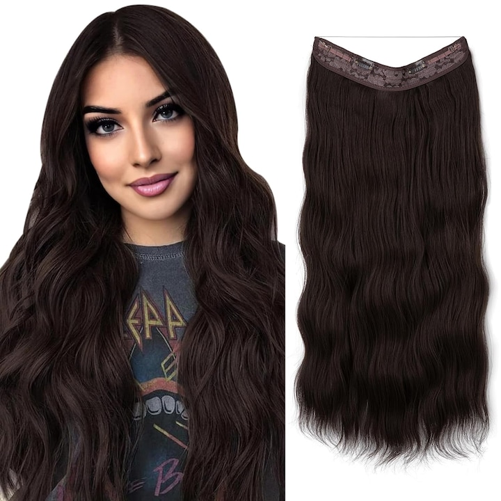 Extensie de păr invizibilă, Omelivon, 3 agrafe, bucle lungi, maro închis, 50 cm