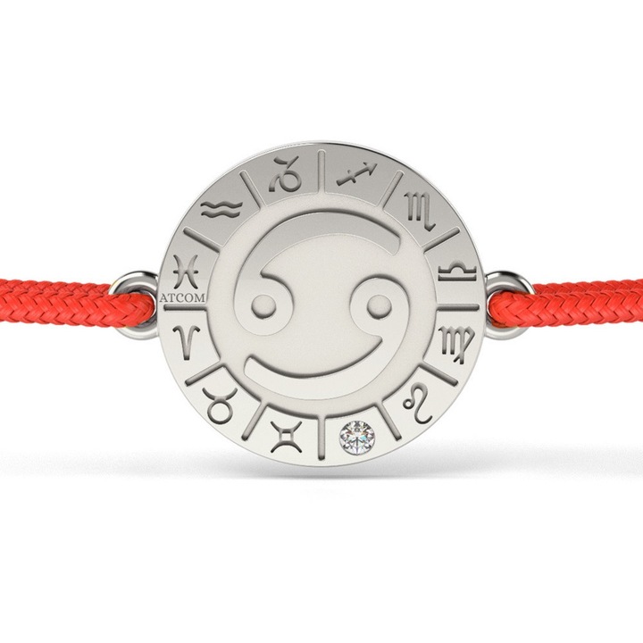 Сребърна гривна ATCOM с червен конец, 12 мм медальон, украсена с кристали, за зодия Рак