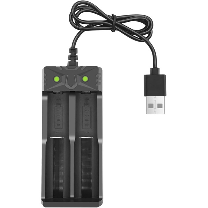 Încărcător USB universal pentru baterii litiu-ion 18650/16340/14500/26650/21700/14650 și altele, 2 sloturi, Negru