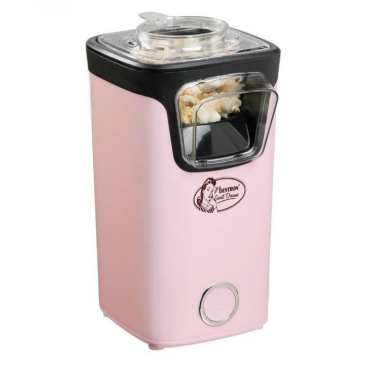 Машина за пуканки без мазнина Bestron Sweet Dreams, 1100 W, Защита от прегряване, Включени аксесоари: 10 торбички за пуканки, Мерителна чашка, 24 × 13 × 17 сантиметра, Розов