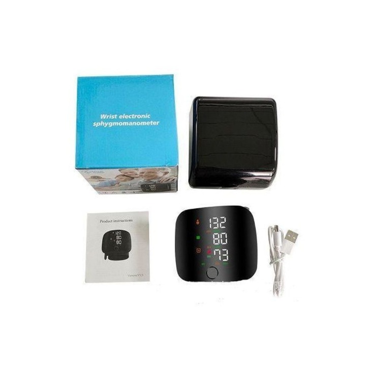 Дигитален апарат за измерване на кръвно налягане за китка, Осцилометричен, LCD дисплей и памет, Класификация на кръвното налягане C30, откриване на неравномерен сърдечен ритъм (IHB), 120 × 108 × 50 милиметра, Черен