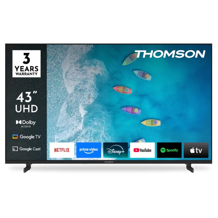 Телевизор Thomson 43" UHD Google TV, 3840 x 2160 (4K UHD), DLED, 60 Hz, Dolby Audio, Google Cast, DVB-T/T2/C/S/S2, HDR10, Wi-Fi, Bluetooth, LAN, HDMI 3 (2.1), USB 2 (2.0), AV IN, Hotel mode, Side Feet, Black 43UG4S15