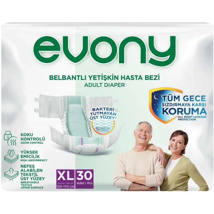 Scutece adulti Evony XL, pentru incontinenta, absorbtie ridicata, cu indicator de umiditate, 120–170 cm, 30 buc/pachet