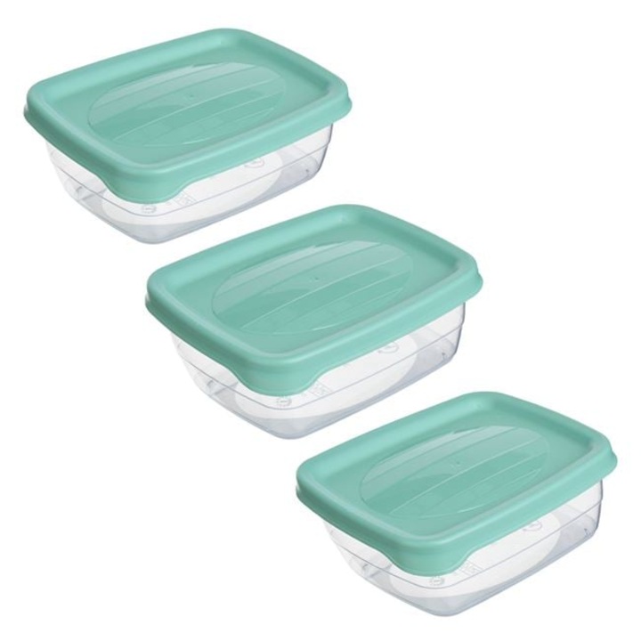 Set 3 Buc Recipiente Alimente 300ml Plastic Transparent Cu Capac Verde Menta