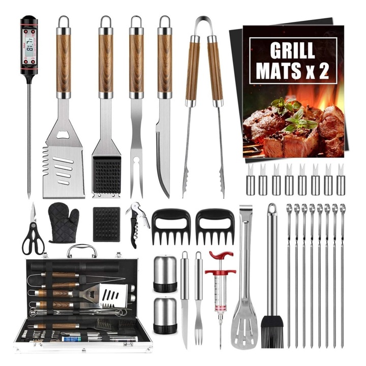 Set 38 ustensile gratar, Seabeloom, ustensile din otel Inoxidabil, Include pensula, solnite, cutite, furculite, stick frigarui, clesti, termometru, manusa gratar, cutie aluminiu