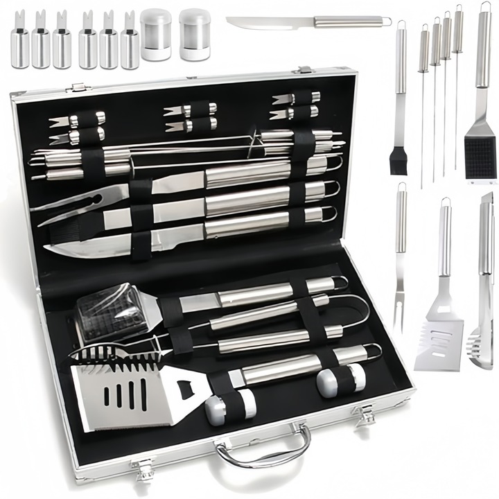Set ustensile gratar 18 piese, Seabeloom, inox, cutie aluminiu, Include pensula, solnite, cutite, furculite, stick frigarui, clesti, argintiu
