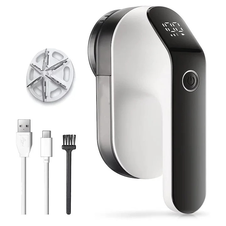 Електрическа машина за отстраняване на мъх, преносима, захранвана с батерии, 8W, 9000 об/мин, 6 остриета, черно/бяла