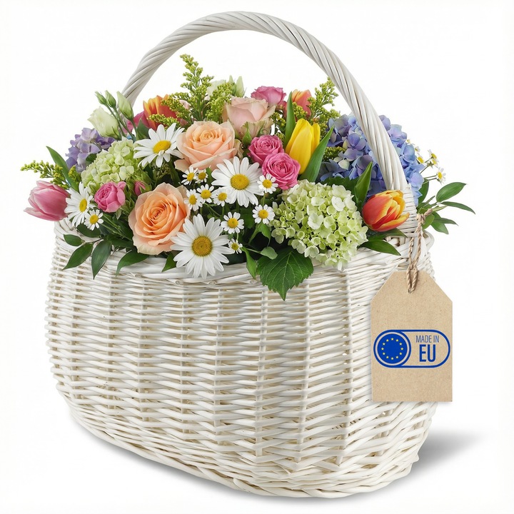 Cos din Rachita cu Maner Creative Home, Alb, 45 x 26 x 41 cm, Impletit Manual, Multifunctional pentru Picnic sau Cumparaturi, Capacitate 5 kg