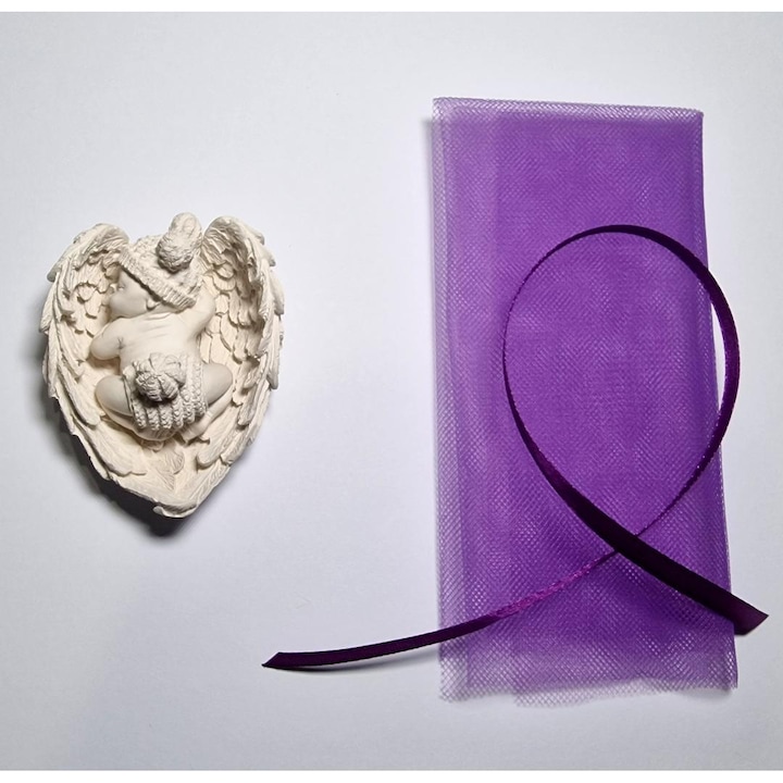 Marturie botez NEIMPACHETATA, din ipsos in forma de bebelus pe aripi, 8 cm, mov