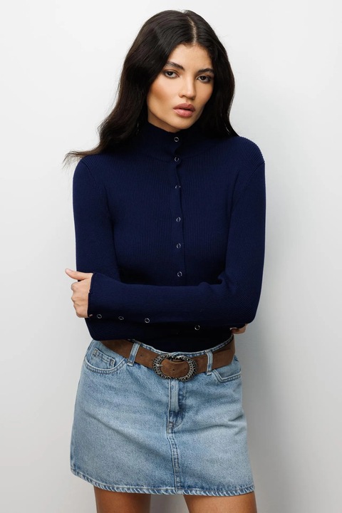 Cardigan dama, Mixray, Slim Fit, guler inalt, bleumarin, tricot