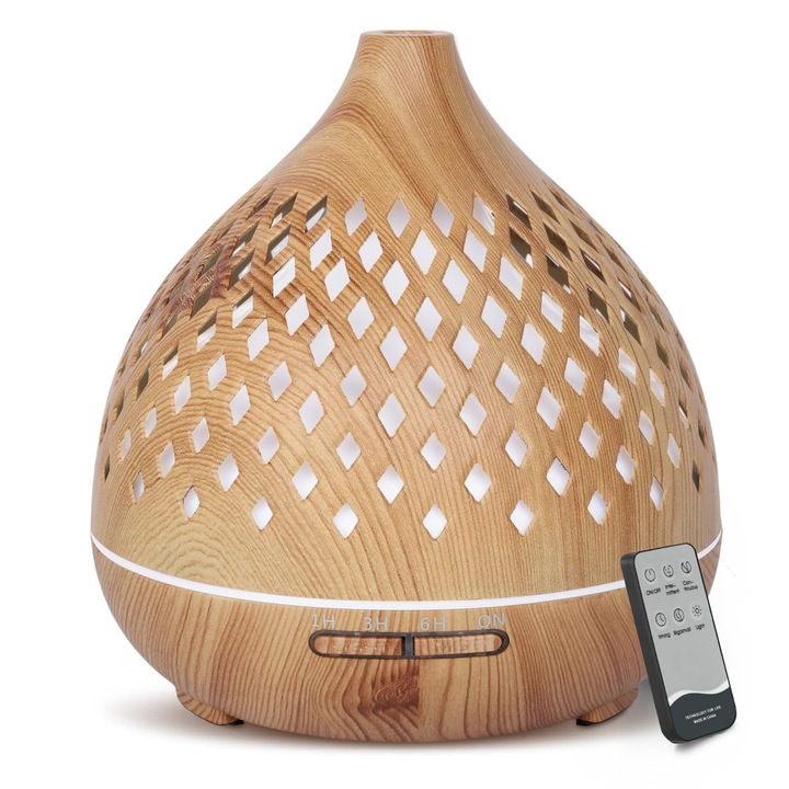 Difuzor de aroma Cozary 400 ml, difuzor de parfum de camera cu ultrasunete pentru aromoterapie pentru uleiuri esentiale cu lumina LED in 7 culori, umidificator difuzor cu telecomanda 3 temporizatoare, functie de oprire automata