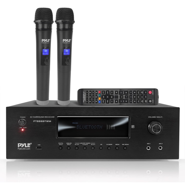 Amplificator Pyle 5.2 canale, 1000 W, Bluetooth, 2 microfoane wireless, suport TV 4K UHD