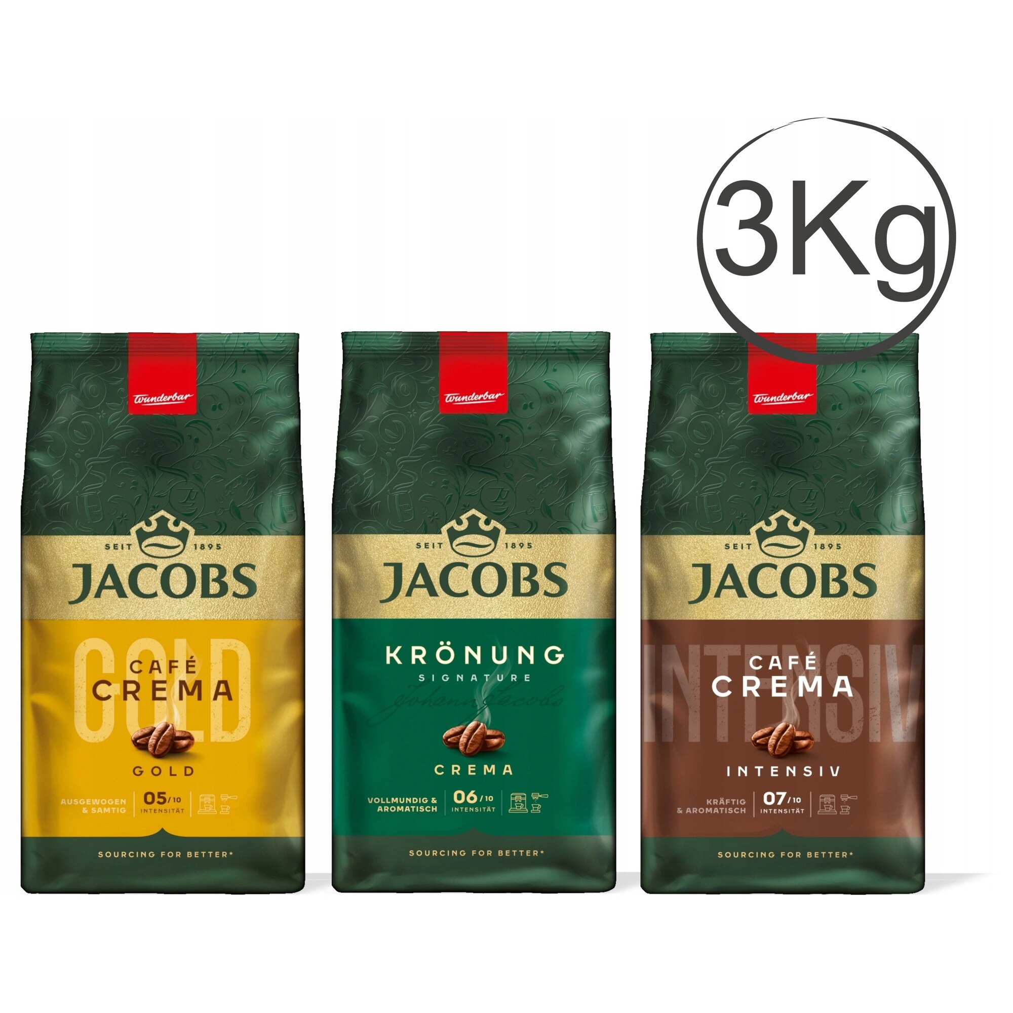 Set cafea boabe Jacobs 3 x 1 kg - Kronung, Crema Gold, Crema Intense ...