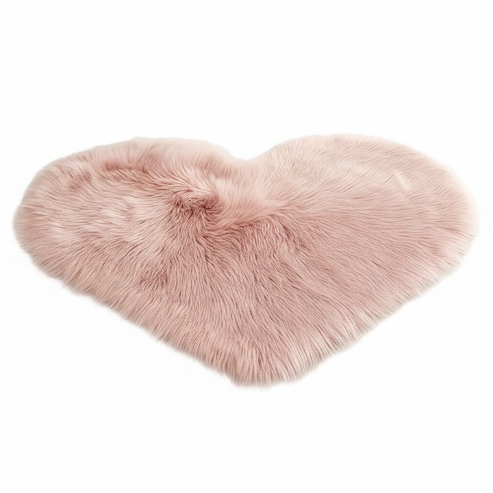 Covor decorativ pufos din blana artificiala, forma neregulata, roz, 50 x 60 cm, pentru living/dormitor