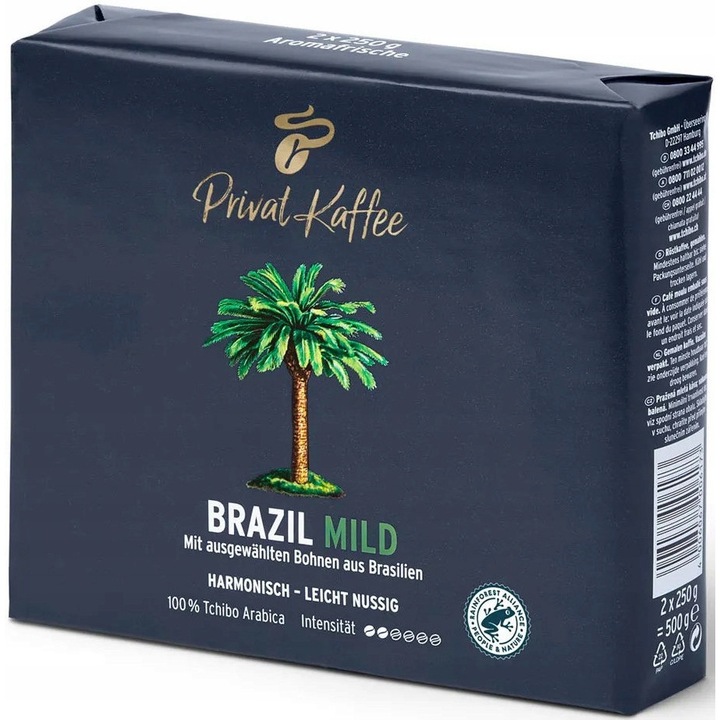 Cafea macinata Tchibo Privat Kaffee Brazil Mild 2x250g, 100% Arabica, aroma usor nucoasa, continut scazut de cofeina
