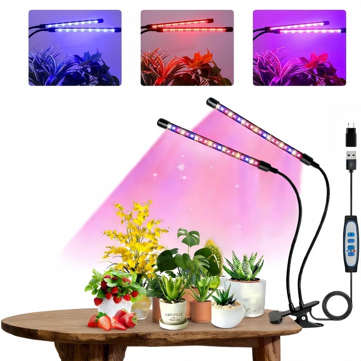 LED работна лампа за отглеждане на растения, 20W, две глави, пълен спектър, многоцветна, 10 регулируеми нива