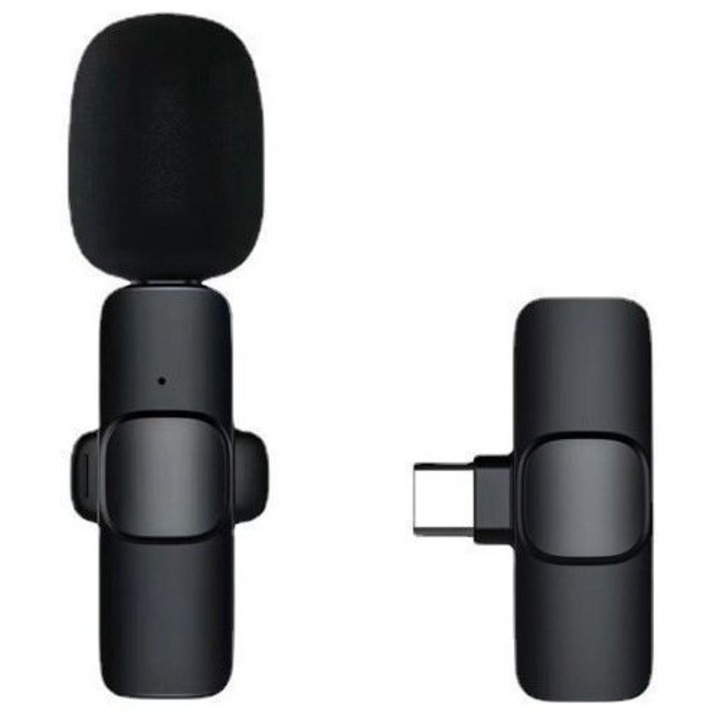 Microfon Lavaliera Avaleea Wireless Bluetooth 5.0, 1 Microfon + 1 Receptor Tip C, Negru