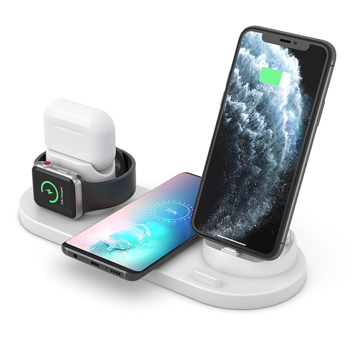 Incarcator wireless, incarcare rapida, protectie de siguranta, potrivit pentru smartphone-uri, ceasuri si casti, portabil, alb