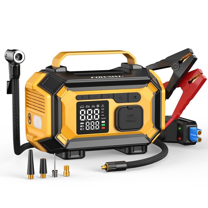 Starter Auto Urgenta cu Compresor Aer, 6000A, 9-in-1, Ecran Mare LCD, pentru Motoare Benzina si Diesel pana la 10L, Gonflator Roti Digital 150PSI, Oprire Automata, Power Bank, Lanterna LED, galben