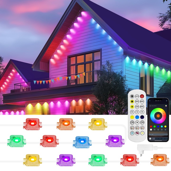 Instalatie permanenta Adymel®, 15 metri de Lumini LED Smart Exterior RGB, Control prin Aplicatie si Telecomanda, Sincronizare Muzica, 234 Moduri Dinamice, IP67, Iluminat Decorativ Casa, Craciun, Petreceri
