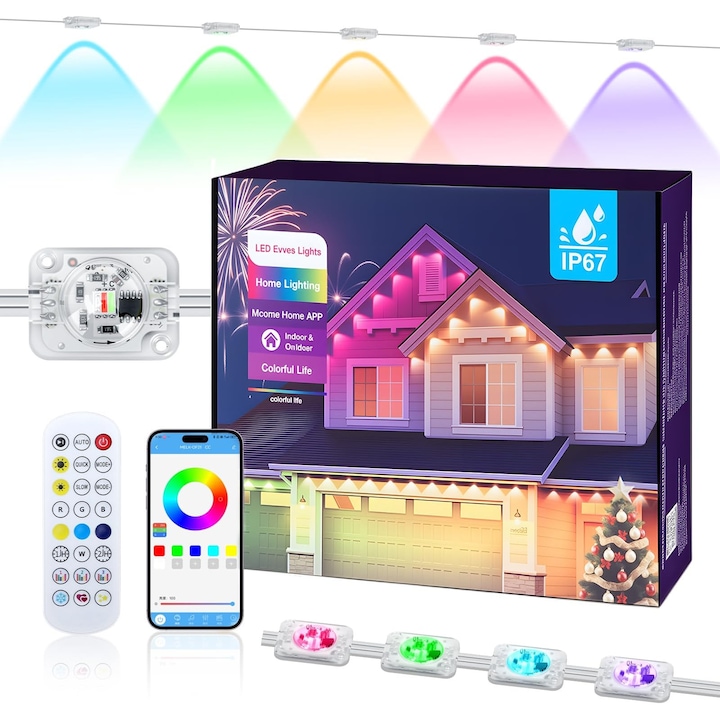 Instalatie permanenta Adymel®, 30 metri de Lumini LED Smart Exterior RGB, Control prin Aplicatie si Telecomanda, Sincronizare Muzica, 234 Moduri Dinamice, IP67, Iluminat Decorativ Casa, Craciun, Petreceri