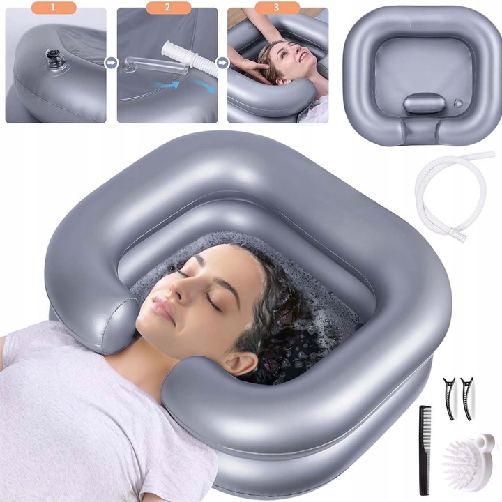 Lavoar gonflabil pentru spalarea parului, argintiu, Lavoar de sampon ingrosat pentru pat, cu tub de scurgere, set complet Perna incorporata, supapa de aer unidirectionala cu dublu strat, potrivita pentru femeile insarcinate si pacientii varstnici