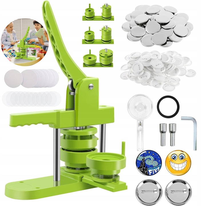 Jelvénykészítő prés, 50 jelvény, kreatív játék, zöld, 38x25,5cm