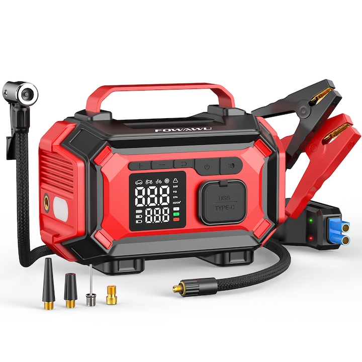 Starter Auto Urgenta cu Compresor Aer, 6000A, 9-in-1, Ecran Mare LCD, pentru Motoare Benzina si Diesel pana la 10L, Gonflator Roti Digital 150PSI, Oprire Automata, Power Bank, Lanterna LED，Rosu