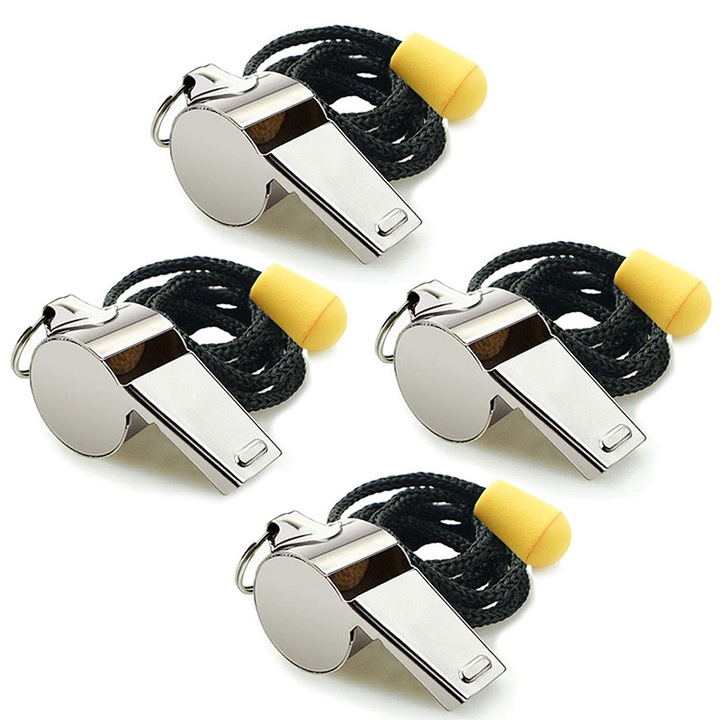 Set 4 fluiere antrenament, NOTEKISSKAI, inox, sunet puternic, argintiu, 1.8x4.6cm