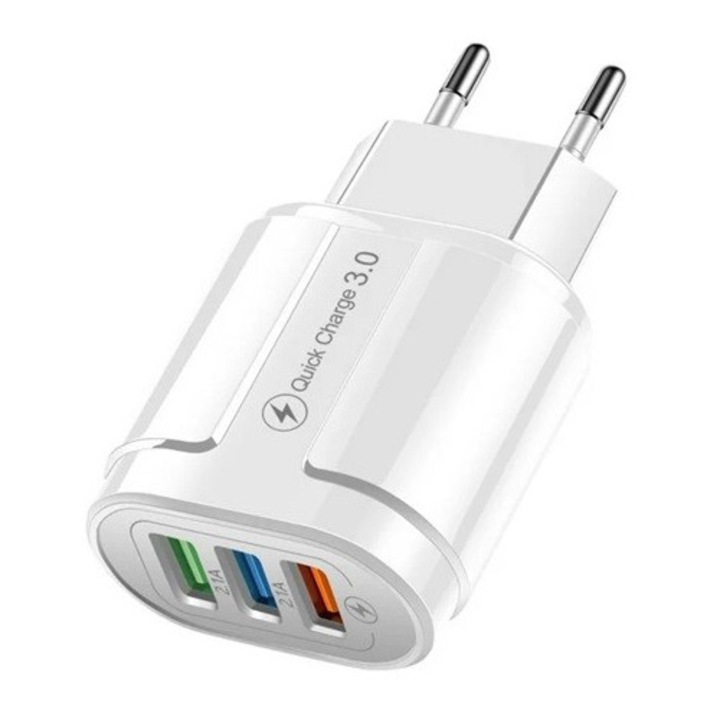 Incarcator Rapid QC3.0, OEM, 3 Porturi USB, 2.1A, 18W, din ABS, Protectie Supraincalzire, Gama Macarons, Alb