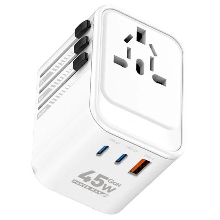 Incarcator Priza International DAMUR, 1 x USB, 2 x USB-C, Incarcare Rapida 45W, Alb