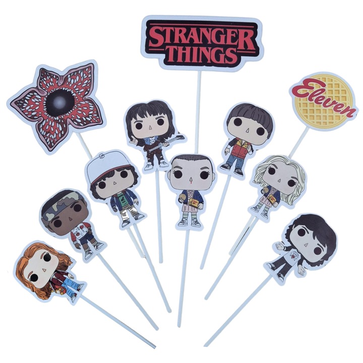 Decoratiune topper tort carton, tematica Strangers Things, Personaje serial, aniversare - 11 piese