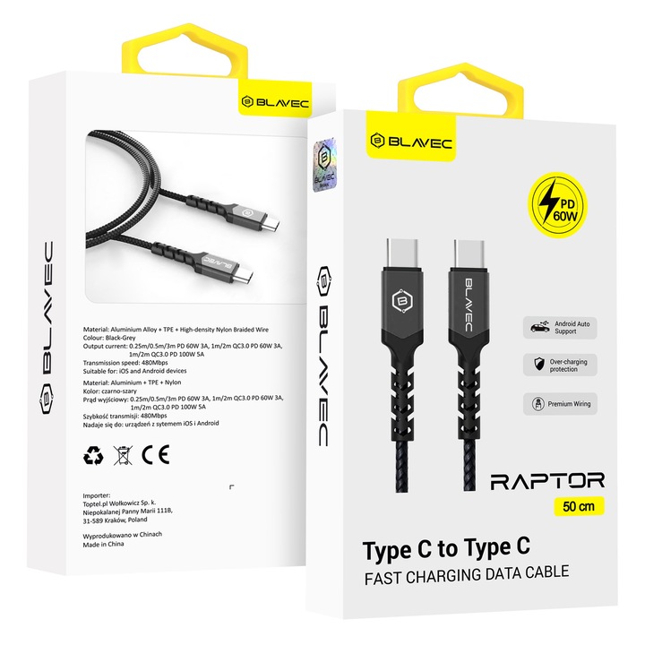 Cablu de alimentare Blavec Raptor impletit - Tip C la Tip C - PD 60W 3A 0, 5 metri Apple CarPlay/Android Auto (CRA-CC3BG05) negru-gri