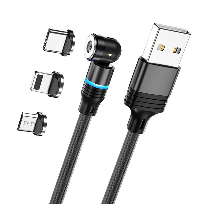 1 Méteres Mágneses Töltőkábel 3 Tűvel – 540 Fokban Forgatható Mágneses Levehető Adapter C Típusú Micro USB-vel – Gyors Töltés 3A Adatátvitel – Tartós Nylon Burkolat – Kék Fehér Fény, Telefonhoz Tablethez Autóban Irodában Utazáshoz