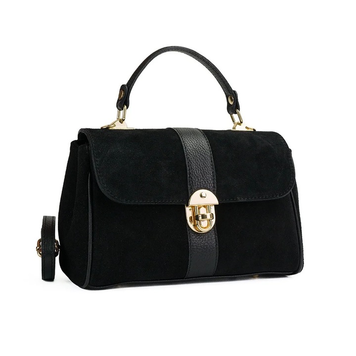 Poseta Piele Intoarsa Giulia - Negru, Geanta Casual din Piele Naturala, Geanta, Genti