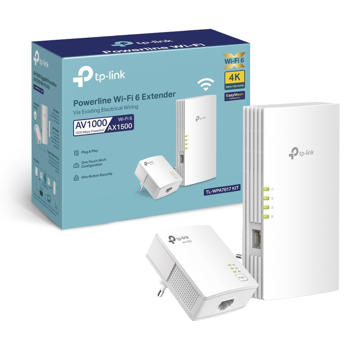 Adaptor Powerline WLAN TP-Link TL-WPA7817, AV1000, WiFi 6 AX1500, Gigabit Ethernet, 9, 17x7, 52x3, 98cm
