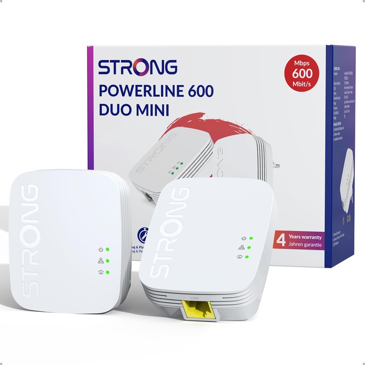 Set adaptor Powerline Strong PL600M, 600Mbit/s, 100Mbps, Plug & Play, 6, 81x5, 31x3, 23cm