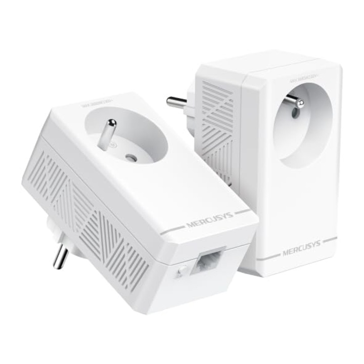 KIT Adaptoare PowerLAN Mercusys, 1000 Mbps, 1 port Gigabit, set de 2, carcasa CPL, priza integrata tip F