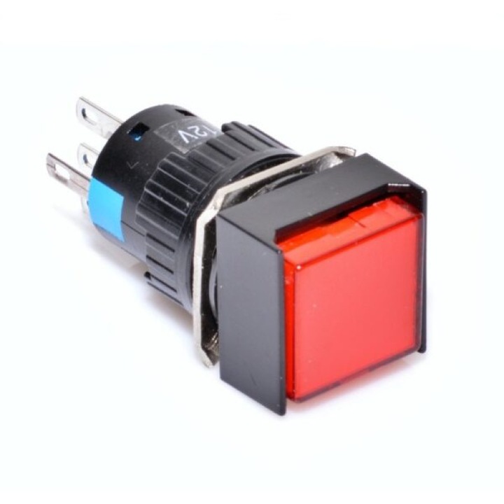 Buton patrat rosu 12V cu LED, 16mm, set 1 buc