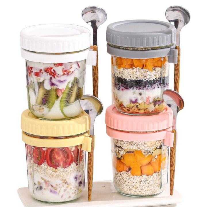 Set 4 borcane Socodox 470ml etanse cu linguri multicolor 10x10x15cm