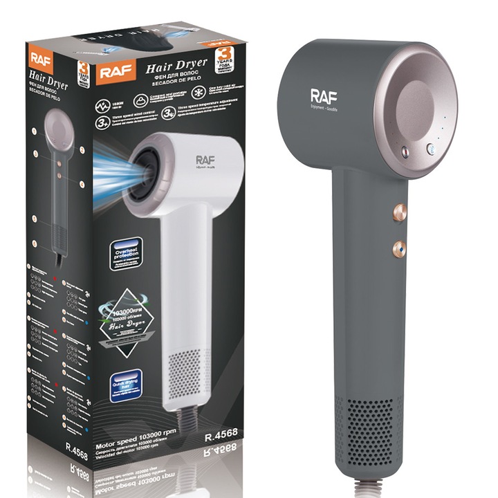 RAF™️ Kompakt és hordozható 1600 W-os hajszárító 3 fokozatú sebesség- és hőmérséklet-szabályozással, 103 000 RPM motorral, egygombos hideglevegő funkcióval – könnyen használható és tisztítható