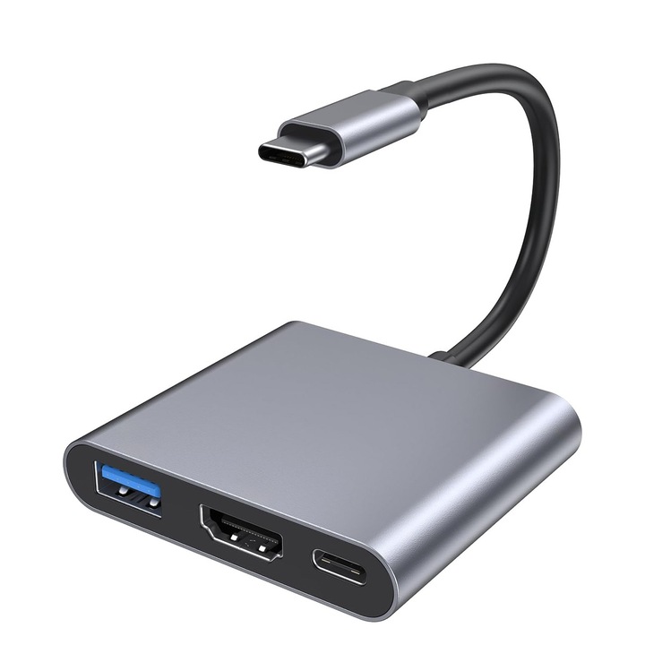 Adaptor USB-C la HDMI 4K cu Hub Multiport, USB 3.0, Incarcare Rapida 100W, Gri