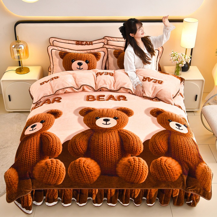 Set lenjerie de pat 4 piese, fleece de lapte, fusta de pat cu desene, fleece coral, 150x200cm, multicolor