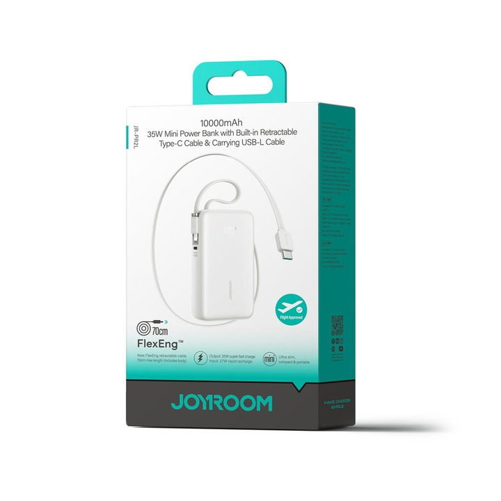 Baterie externa portabila Joyroom JR-PR2L, 10000 mAh, 3A, 1x USB-C, 1x Lightning, Alb