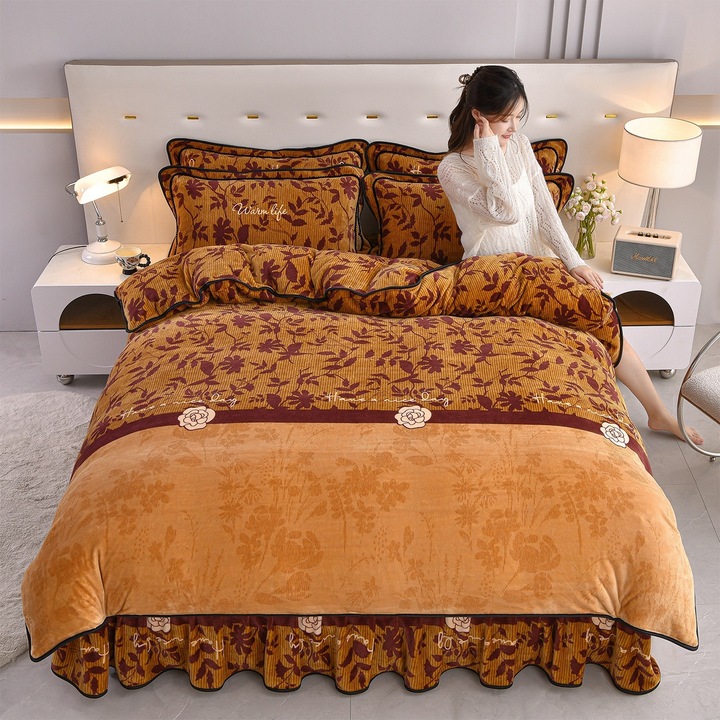 Set lenjerie de pat 4 piese, fleece de lapte ingrosat, fusta de pat cu desene, coral dublu fata, 150x200cm, multicolor